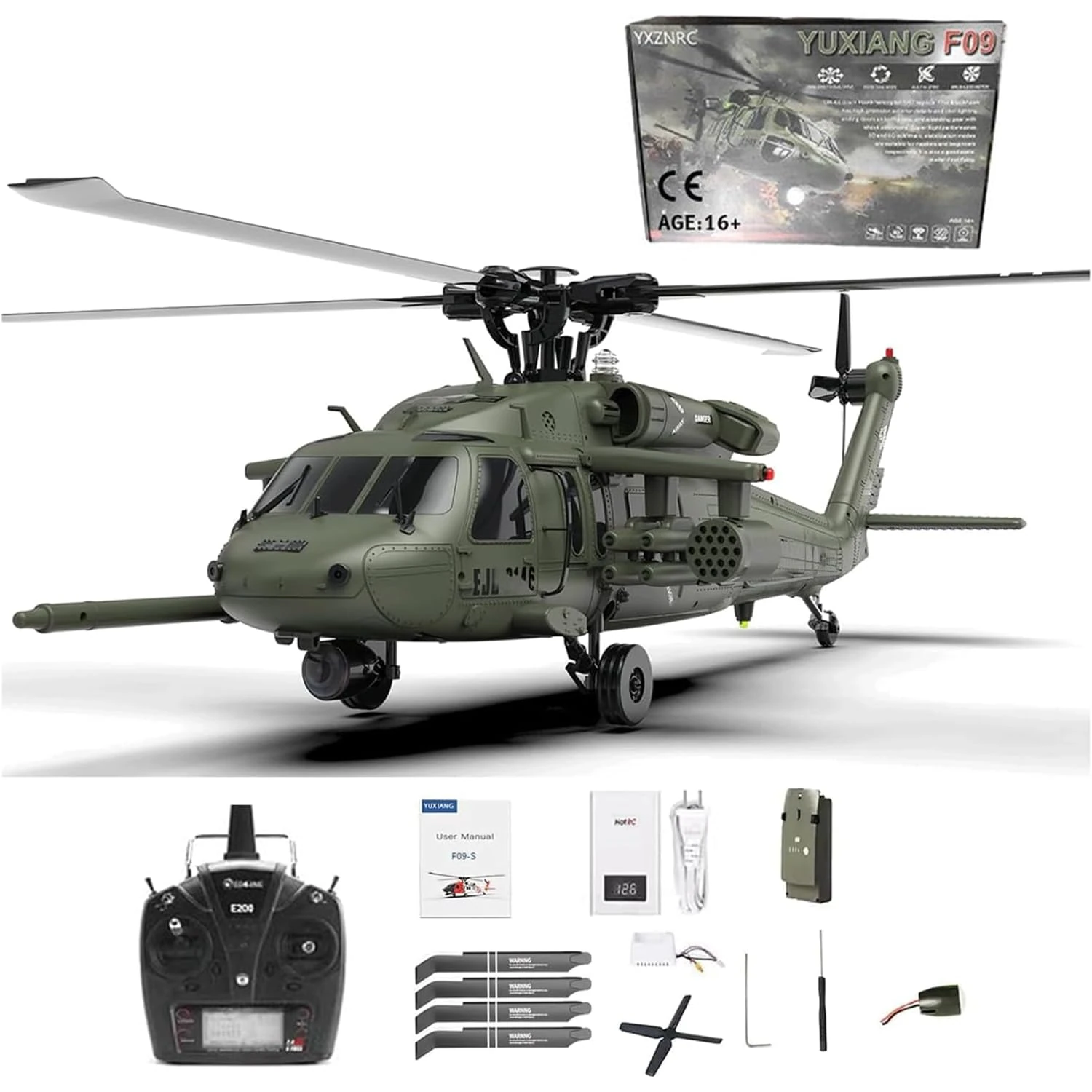 NULA RC Helicopter Toys for Adults, Aircraft with 6-axis Gyro & Lights & 2 Brushless Motor, YUXIANG F09 2.4G 6CH 1/47 Scale 6G/3D RC Military Helicopter for Uh60 Black Hawk - RTF