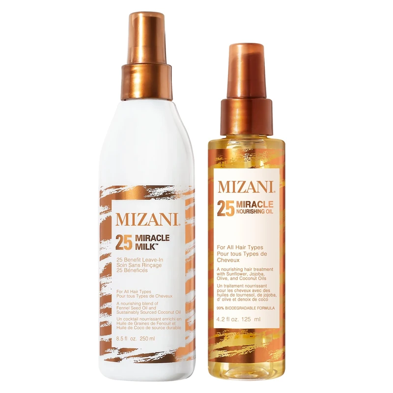 Mizani 25 Miracle Milk Leave in Conditioner 250ml + Nourishing Hair Oil, For All Hair Types, Moisturising and Softening Hair Treatment, Infused with Coconut and Jojoba Oil, 25 Miracle, 125ml