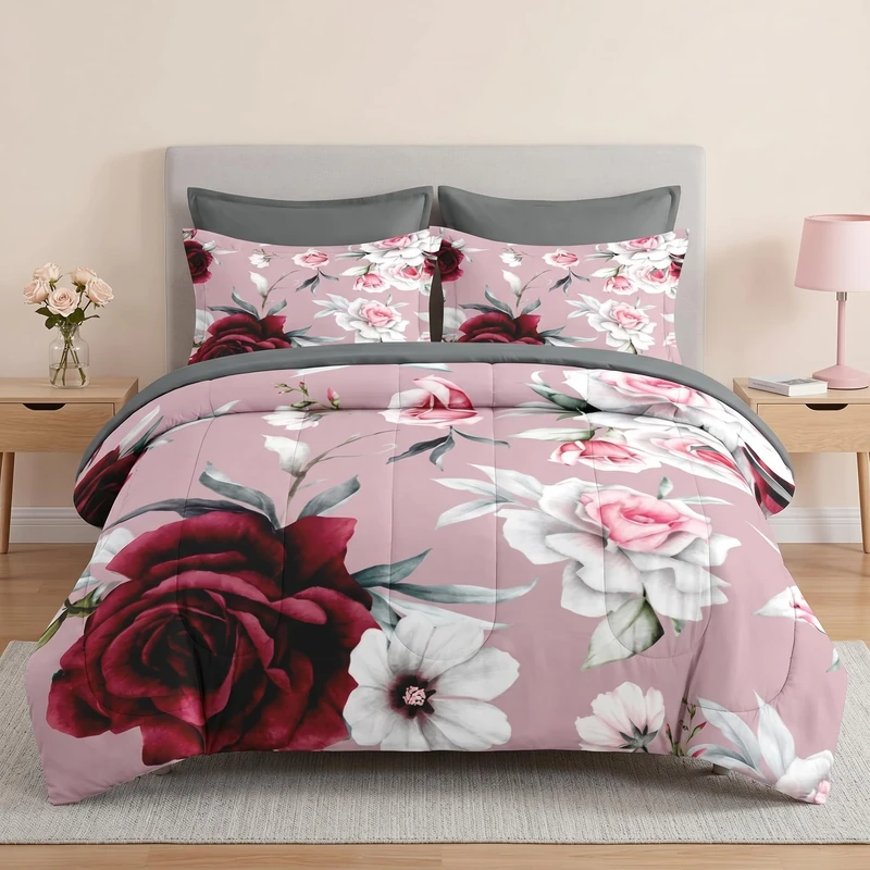 Pamnest 7 Pcs Comforter Set Full Size, Rose Leaves Bedding Set for Kids and Adults, Painting Floral Vintage Peony Bed Sheet Sets with Fitted Sheet 2 Pillowcases & 2 Shams for Bedroom Bed Decor