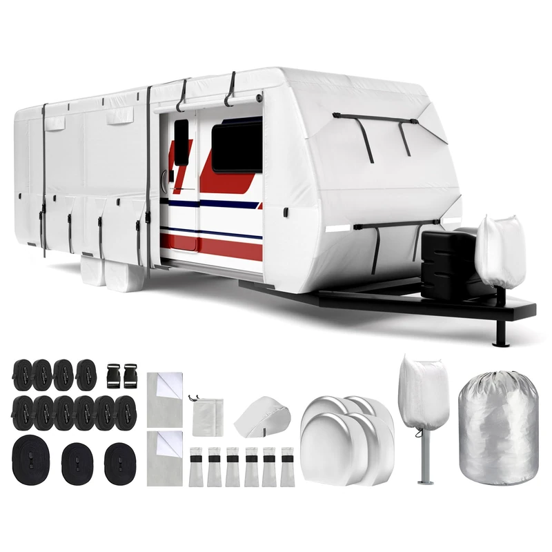 Mofeez Oxford Fabric Travel Trailer RV Cover, Camper Cover with 300D Oxford for The Top, 27'-30' Tearproof Waterproof Windproof Travel Trailer Cover with 4 Tire Covers, Jack Cover and Zippered Doors