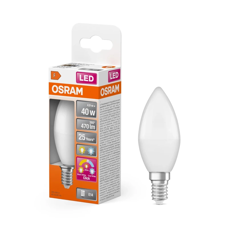 Osram LED Superstar Classic LED Lamp in B-Kolbenform mit DREI Lichtszenen Relax, Active, Sleep. Aus gefrostetem Kunststoff, 4.9W, E14 Fassung, Farbtemperatur 2700-4000 K, 6-Pack