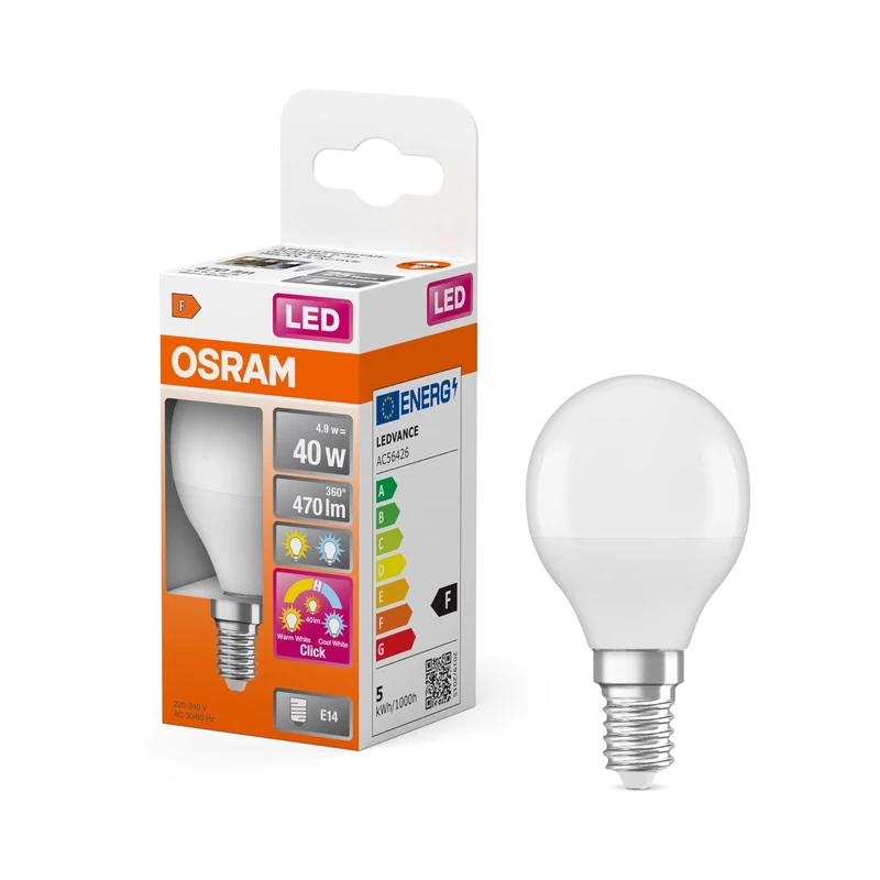 Osram LED Superstar Classic LED-Lamp in Miniballform mit DREI Lichtszenen Relax, Active, Sleep. Aus gefrostetem Kunststoff, 4.9W, E14, Farbtemperatur 2700-4000 K, steuerbar über Wandschalter, 6-Pack