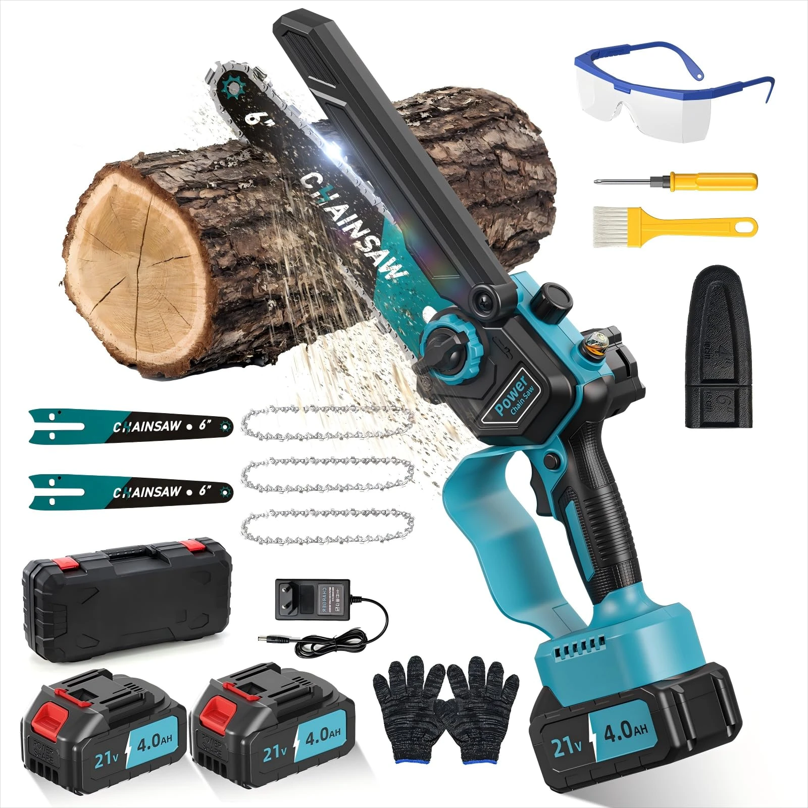 Mini Chainsaw, 8000mAh Brushless Mini Chainsaw Cordless Compatible with Makita Batteries, Automatic Lubricator 1000W Battery Chainsaws, 6 Inch Small Electric Chain Saw with 3 Chains for Cut Wood Tree