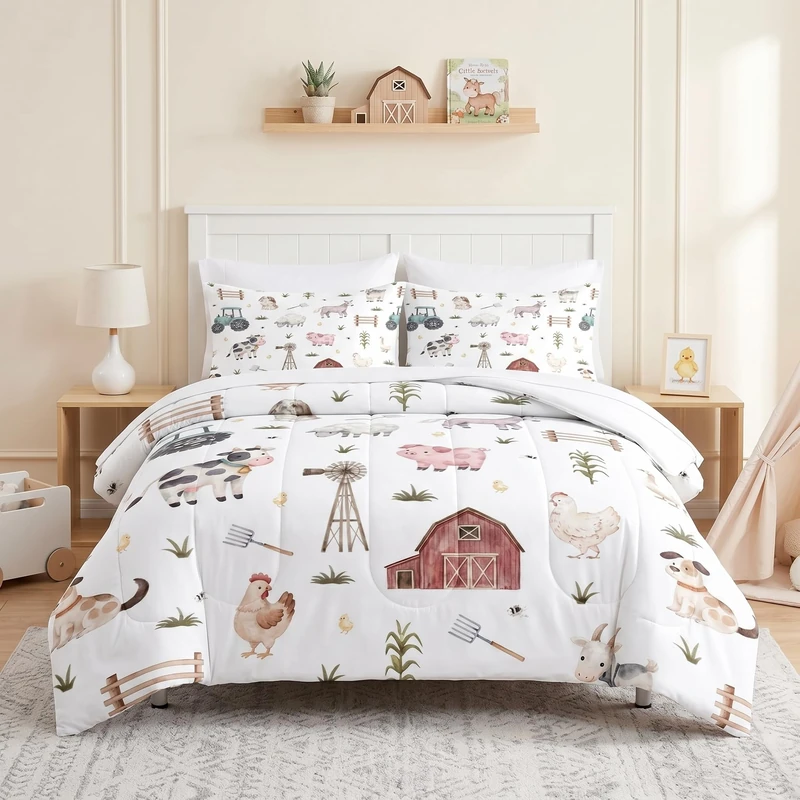 Pamnest Comforter Set Full Size, Farm Animal Cow 7 Pcs Bedding for Kids and Adults, Autumn Cute Tractor Bed Sheet Sets with Fitted Sheet 2 Pillowcases & 2 Shams for Bedroom Bed Decor