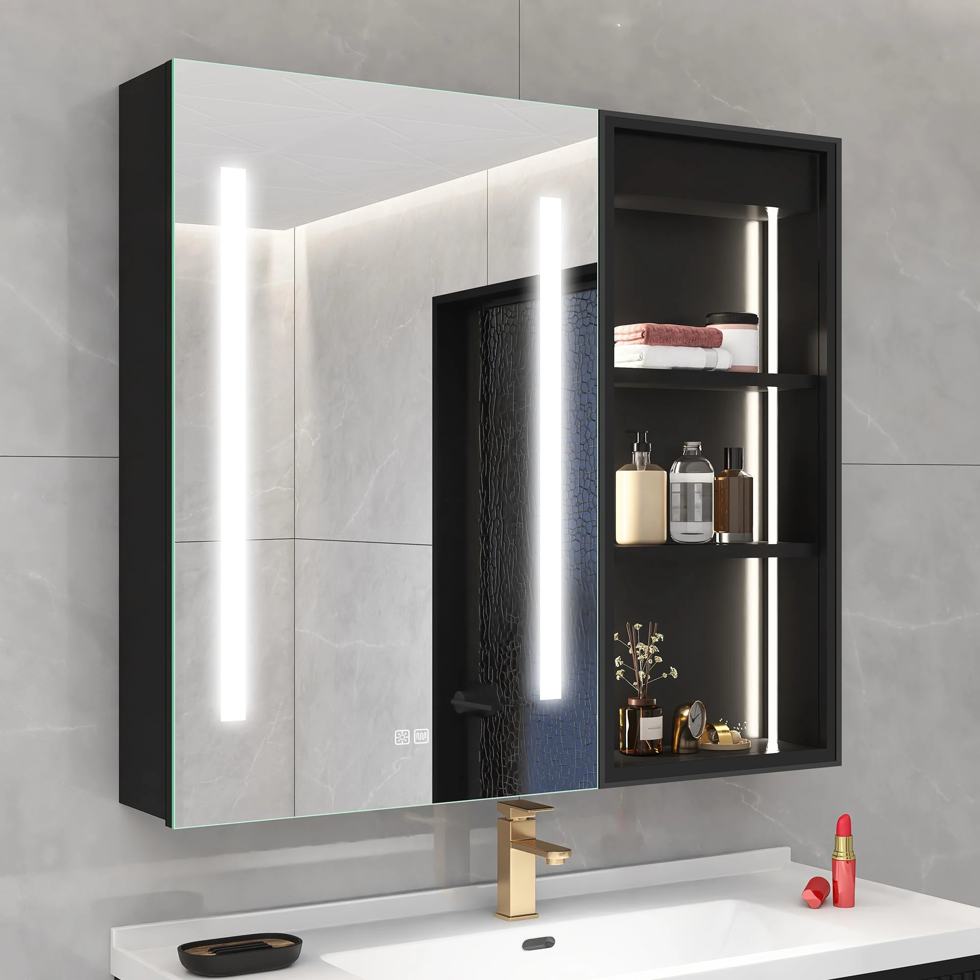 28"x32" Black-LED-Medicine-Cabinet-Mirror-for-Bathroom-with-Sockets, 3 Color Adjustment Dimmable and Anti-Fog, Cabinet with Lighted Storage Window & Adjustable Shelf