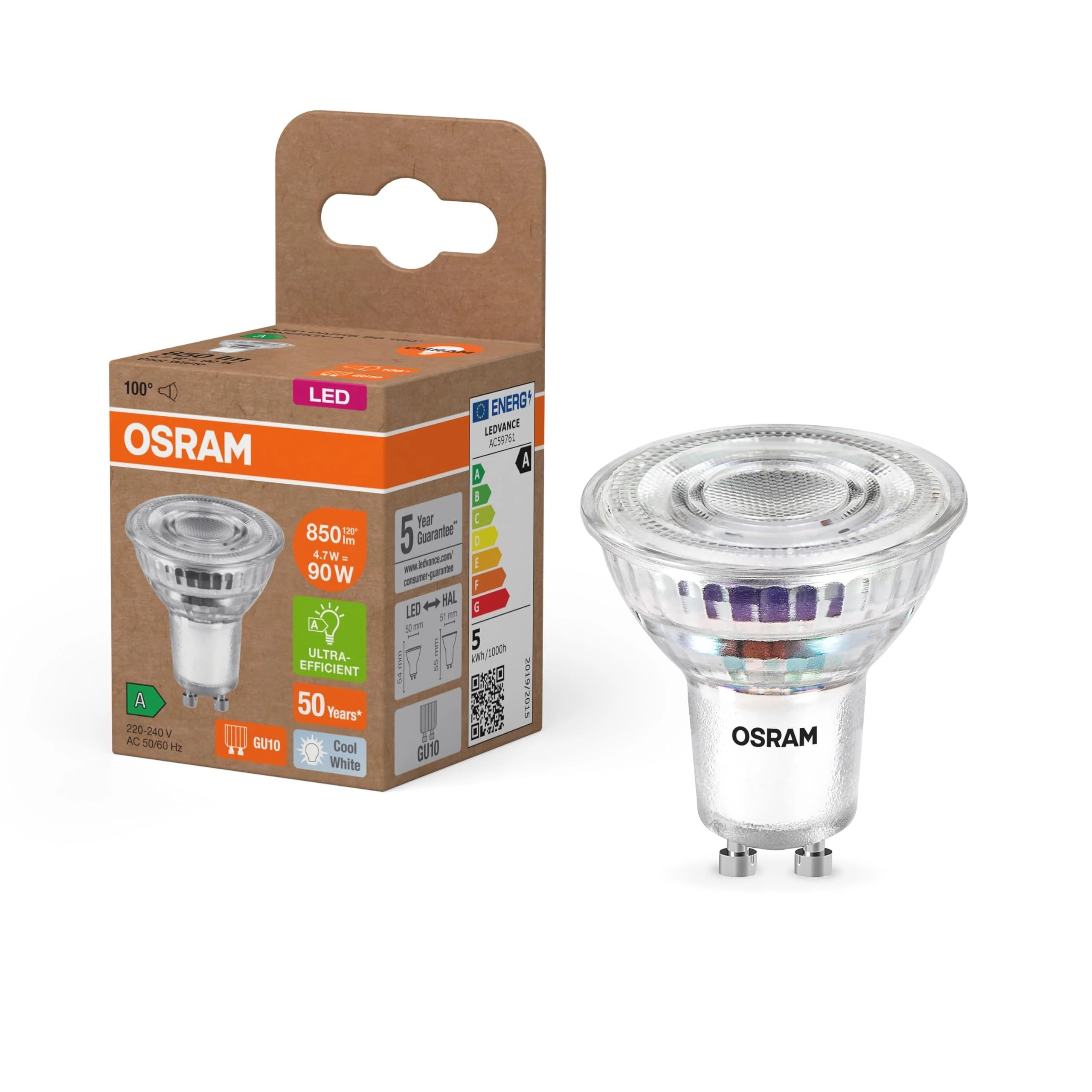 OSRAM Energy Class LED Reflektor Lamp PAR16 mit 4.7 W, 850 lm, kaltweiß (4000 K) aus bleifreiem Glas mit GU10 Socket in der Energieeffizienzklasse A, 50 mm Durchmesser, IP20.
