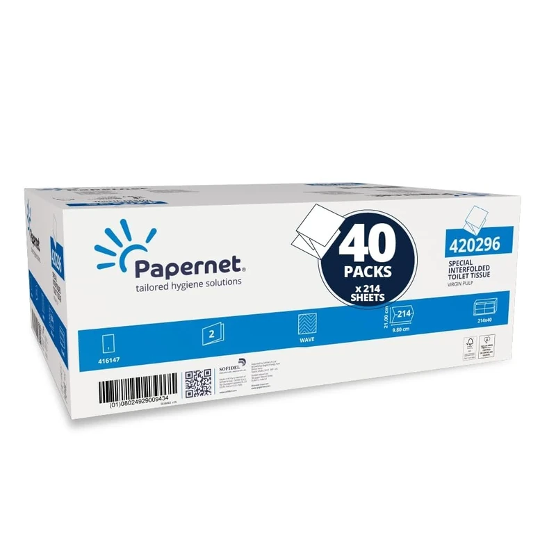 Papernet - Pure Cellulose, 2-Ply Interfolded Toilet Paper, 8560 Services, 214 Services per Clip, White, 21x9.8cm