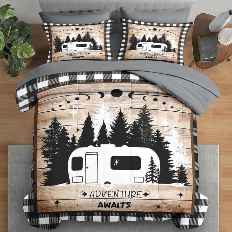 Pamnest Comforter Set King Size, Camping Camper Rv 7 Pcs Bedding for Kids and Adults, Car Family Bed Sheet Sets with Fitted Sheet 2 Pillowcases & 2 Shams for Bedroom Bed Decor