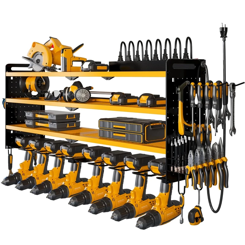 NattyDot Power Tool Organizer Wall Mount with Charging Station,Cordless Tool Organizer 8 Drill Holder, 4 Layer Storage Rack for Garage Organization,Tool Holder with 8 Outlet Power Strip(Yellow) - Image 1
