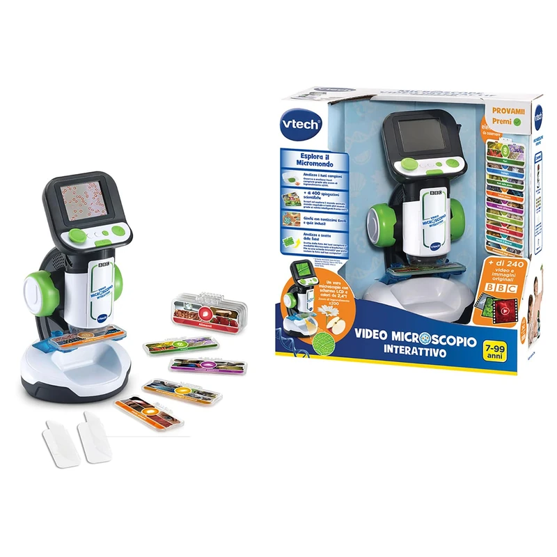 VTech Interactive Video Microscope, Children's Digital Microscope with BBC Original Videos, 2.4 Inch Screen, 200 x Zoom, 9 Illustrated Slides, MicroSD Slot, Italian Language, Batteries Included, 7-99