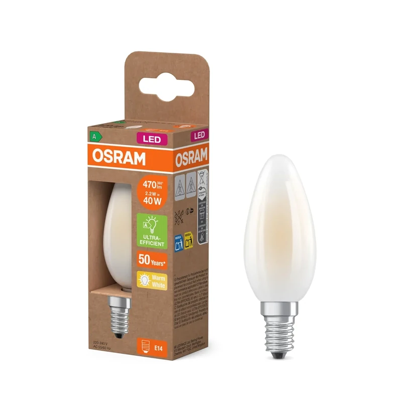 Osram LED Superstar Classic B 40 Mini Candle Shape Frosted Glass 2.2W 470LM E14 Warm White Light 2700K EEK A 35mm DM Pack of 6
