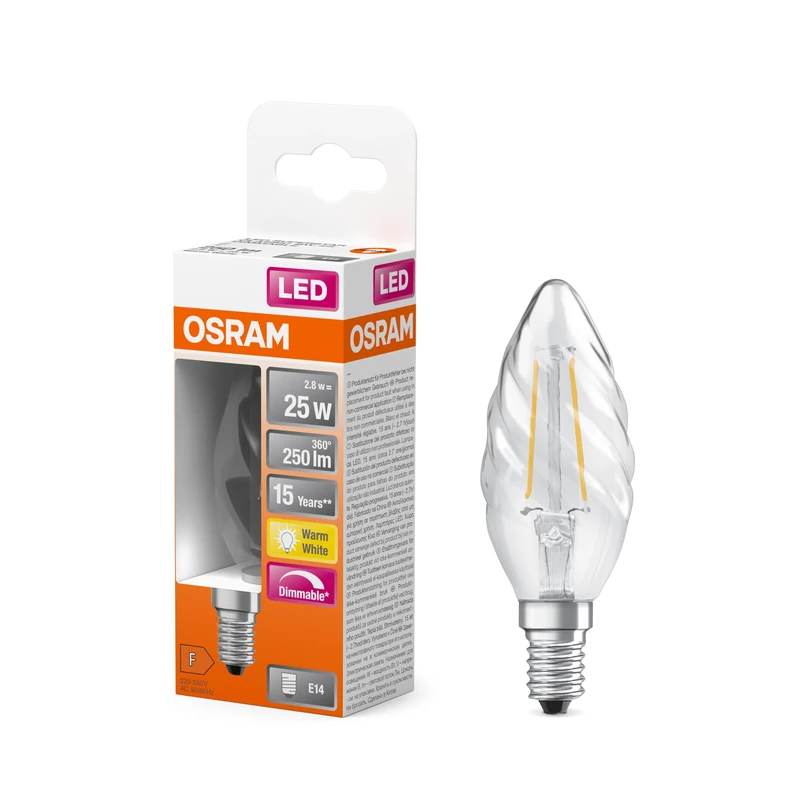 Osram LED Superstar Classic Lamp with Filament in Classic Twisted Mini Candle Shape, Clear Lead-Free Glass, 2.8 W, 250 lm, Warm White Light (2700 K), E 14 Socket, 35 mm DM, Pack of 6