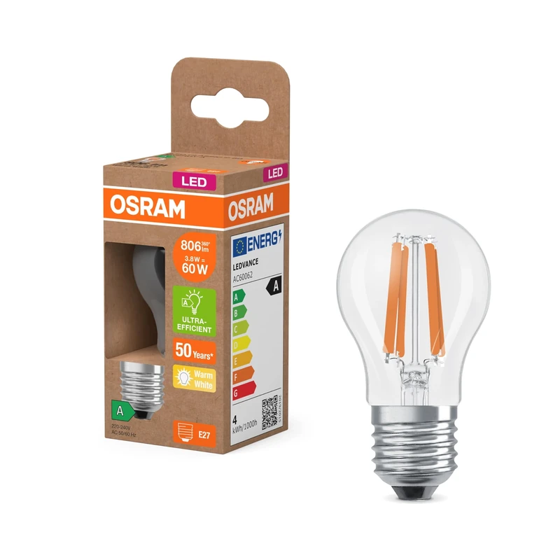 Osram Energy Class LED Lamp in Klassischer Miniballform, 3.8 W/806 lm, EEK A, warmweißes Licht (2700 K), CRI 80, aus klarfarbenem bleifreiem Glas, E27 Sockel, IP20, 45 mm DM,6-Pack