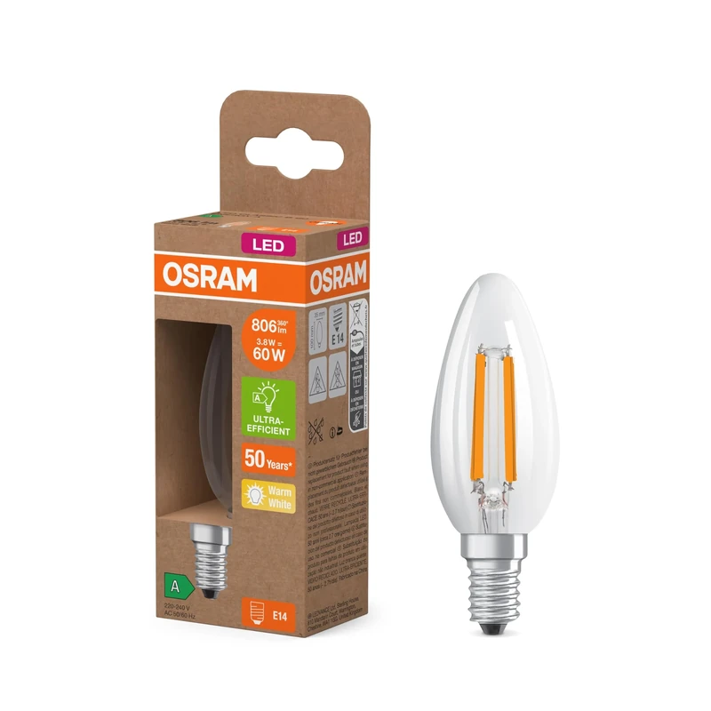 Osram Energy Class Mini Classic Candle Shape, 3.8 W/806 lm, EEK A, Warm White Light (2700 K), CRI 80, Clear Lead-Free Glass, E14 Base, IP20, 35 mm DM, 6 Packs