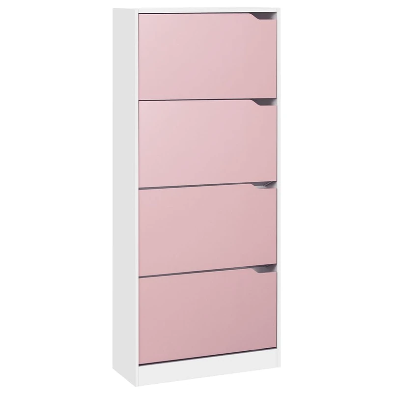 BAKAJI Shoe Rack in MDF Wood with 4 Folding Shoe Doors, Concealed Handles Double Depth Compact Size Slim 63 x 24 x 150 cm Space-Saving Home Entrance (Pink and White) - Image 1