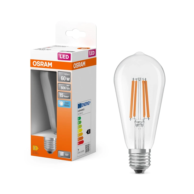 Osram LED Star Globe LED-Lamp in klassischer Edison-Kolbenform, 6.5 W/806 lm, 4000 K für kaltweißes Licht, CRI 80, klares bleifreies Glas, E27 Sockel, IP20, EEK E, 64 mm DM,6-Pack