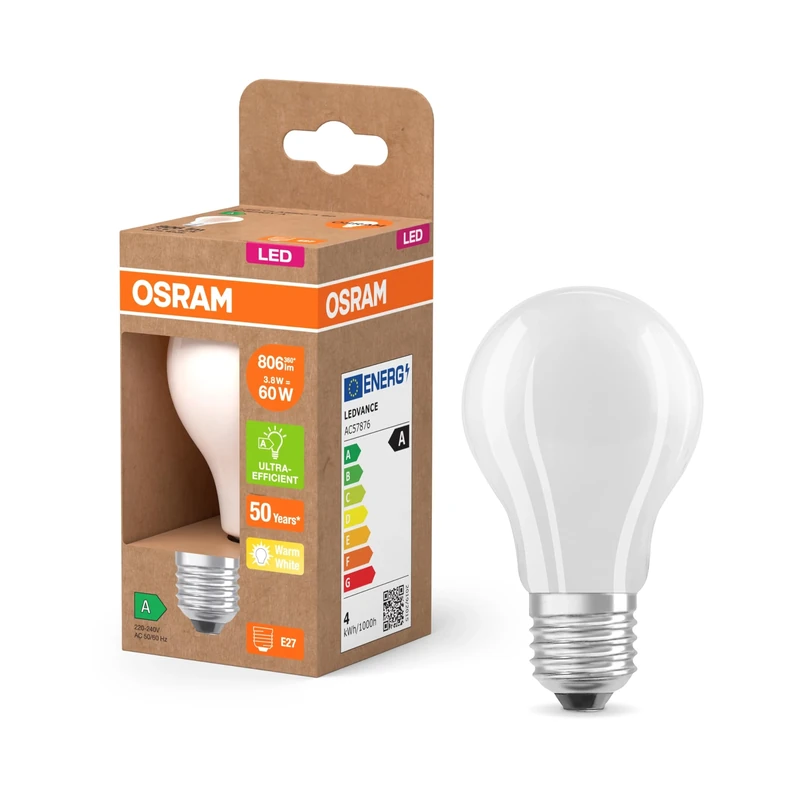 Osram Superstar Classic A 60 LED Bulb, Frosted Glass, 3.8 W, 806 Lumen, E27, 2700 K for Warm White Light, EEK A, Diameter 60 mm, Pack of 6