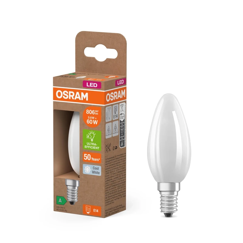 Osram Energy Class Mini Classic Candle 3.8 W / 806 lm, EEK A, Cool White Light (4000 K), CRI 80, Lead-Free Frosted Glass, E14 Base, IP20, 35 mm DM, Pack of 6