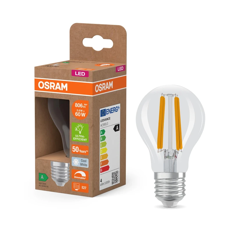 Osram Energy Class Bulb Shape, 3.8 W/806 lm, EEK A, Cool White Light (4000 K), CRI 80, Clear Lead-Free Glass, E27 Base, IP20, 60 mm DM, 6-Pack