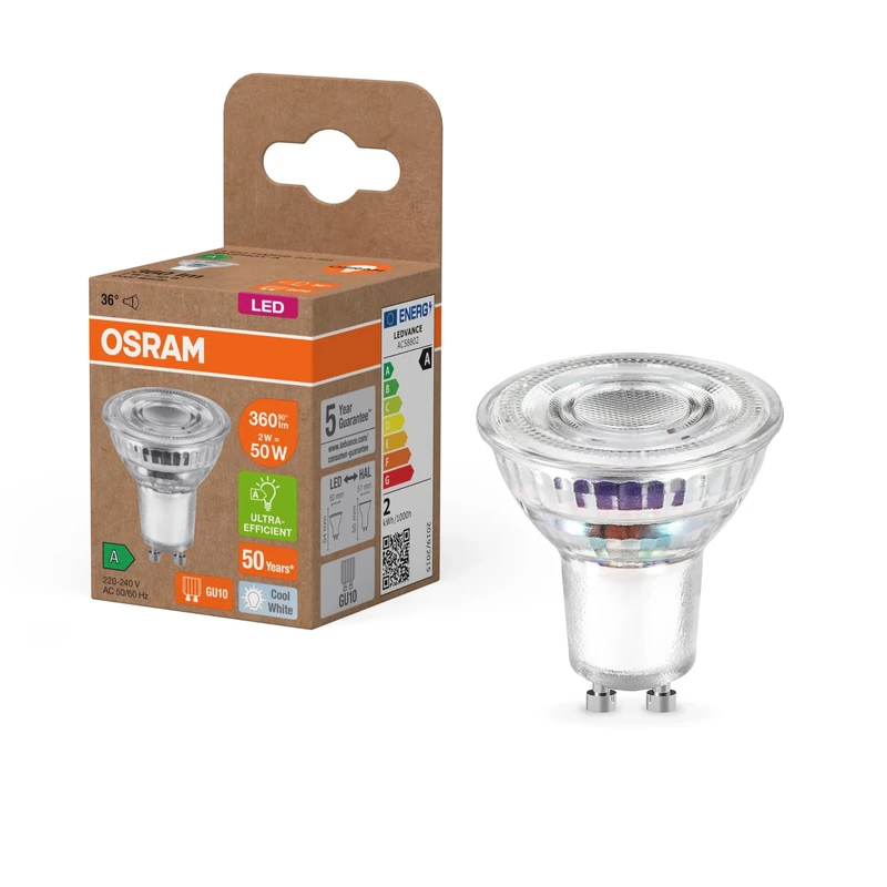 Osram Energy Class LED Reflektor Lamp PAR16 mit 2 W, 360 lm, kaltweiß (4000 K) aus bleifreiem Glas mit GU10 Socket in der Energieeffizienzklasse A, 50 mm Durchmesser, IP20.6-Pack