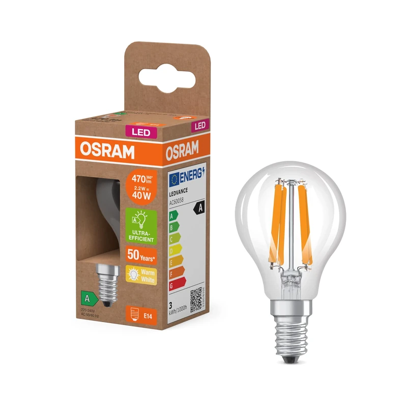 Osram Energy Class Mini Buclassic, 2.2 W/470 lm, EEK A, Warm White Light (2700 K), CRI 80, Clear Lead-Free Glass, E14 Base, IP20, 45 mm DM, 6 Packs
