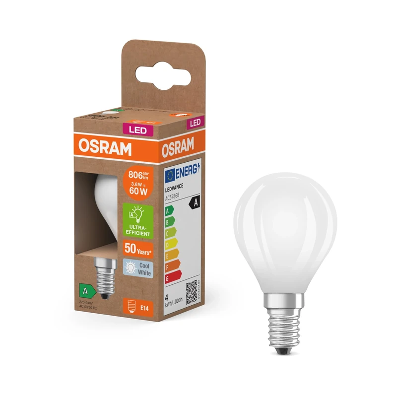 Osram Energy Class Classic Mini Ball LED Lamp, 3.8 W / 806 Lumens, Energy Class A, Cool White Light (4000K) CRI 80, Frosted Lead-Free Glass, E14 Cap, IP20, 45 mm DM, Pack of 6