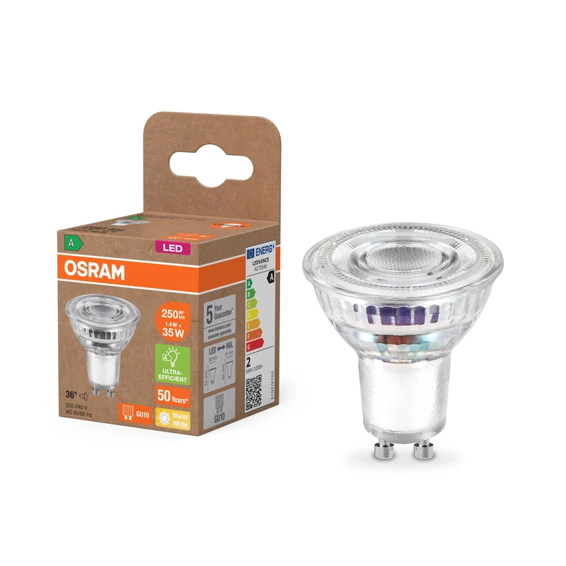 OSRAM Energy Class PAR16 LED Reflector Lamp 1.3 W, 240 Lumens, Warm White (2700 K) Made of Clear Lead-Free Glass with GU10 Energy Class A Socket, 50 mm Diameter, IP20.6 Pack