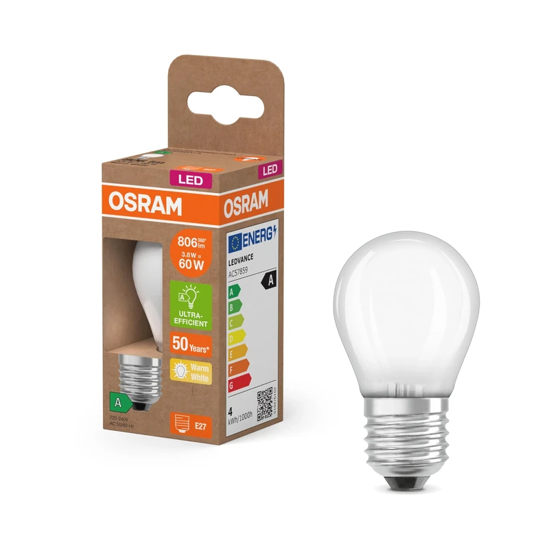 Osram Energy Class Mini Buclassic, 3.8 W/806 lm, EEK A, Warm White Light (2700 K), CRI 80, Lead-Free Frosted Glass, E27 Base, IP20, 45 mm DM, Pack of 6