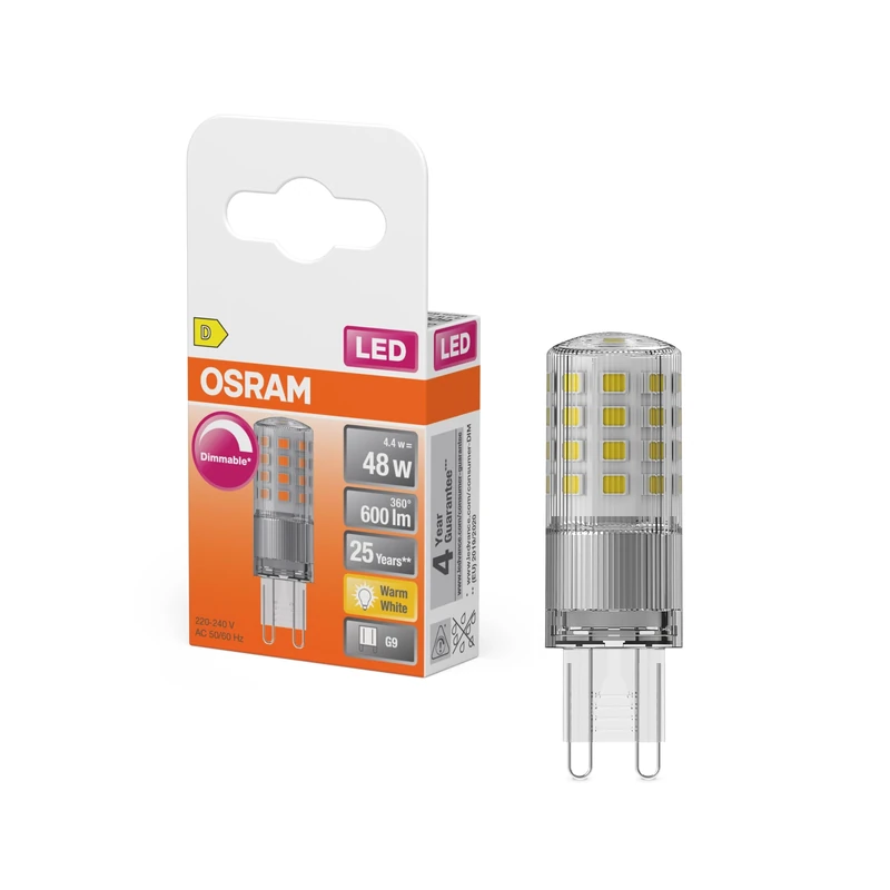 Osram LED PIN LED-Lamp aus klarfarbenem Kunststoff, mit 4.4 W für 600 lm, warmweißes Licht mit 2700 K, Multi-Coloured, Retrofit-Stecksockel G9, CRI 80, EEK D, dimmbar, 6-Pack