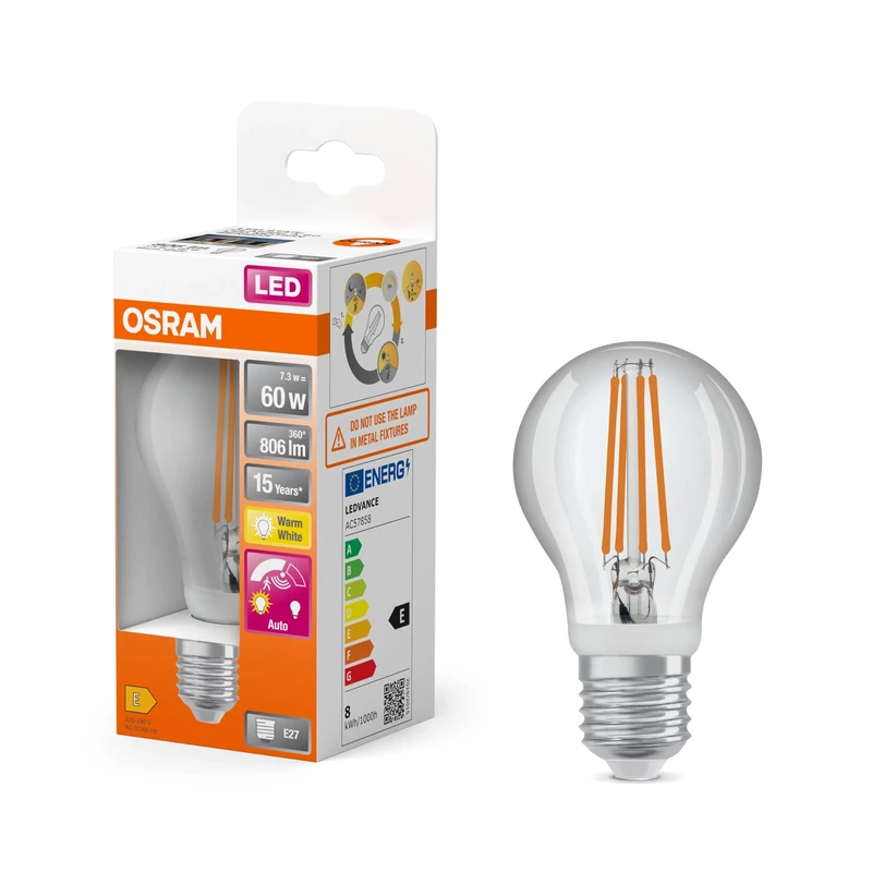 Osram LED Star Classic 7.3 W / 806 lm Energy Efficiency Light Bulb with Motion Sensor and Daylight Sensor, Warm White Light (2700 K), Clear Lead-Free Glass, E27, 60mm DM, Pack of 4