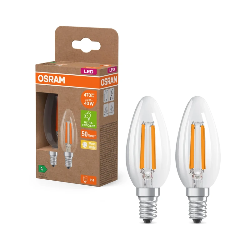 Osram LED Superstar Classic B 40 Classic Mini Candle Shape, Clear Glass Body, 2.2 W, 470 Lumens, E14, 2700 K, Warm White Light, EEK A, Diameter 35 mm, Pack of 2
