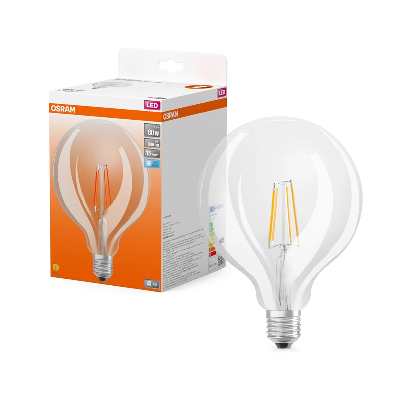 Osram LED Star Globe Classic Ball LED Lamp, 7W/806lm, 4000K for Cool White Light, CRI 80, Clear Lead-Free Glass, E27 Base, IP20, EEK E, 125mm DM, 4-Pack White