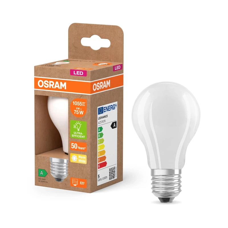 Osram Superstar Classic A 75 LED Bulb, Frosted Glass, 5 W, 1055 Lumen, E27, 2700 K, Warm White, EEK A, Diameter 60 mm, Pack of 6