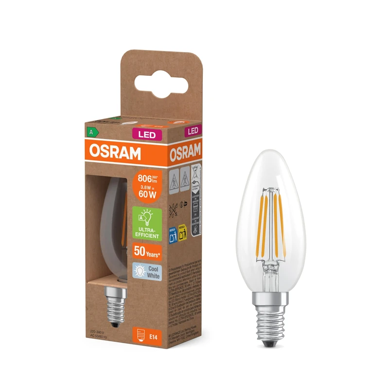 OSRAM Energy Class Mini Classic Candle Shape, 3.8 W/806 lm, EEK A, Cool White Light (4000 K), CRI 80, Clear Lead-Free Glass, E14 Base, IP20, 35 mm DM, 6 Packs