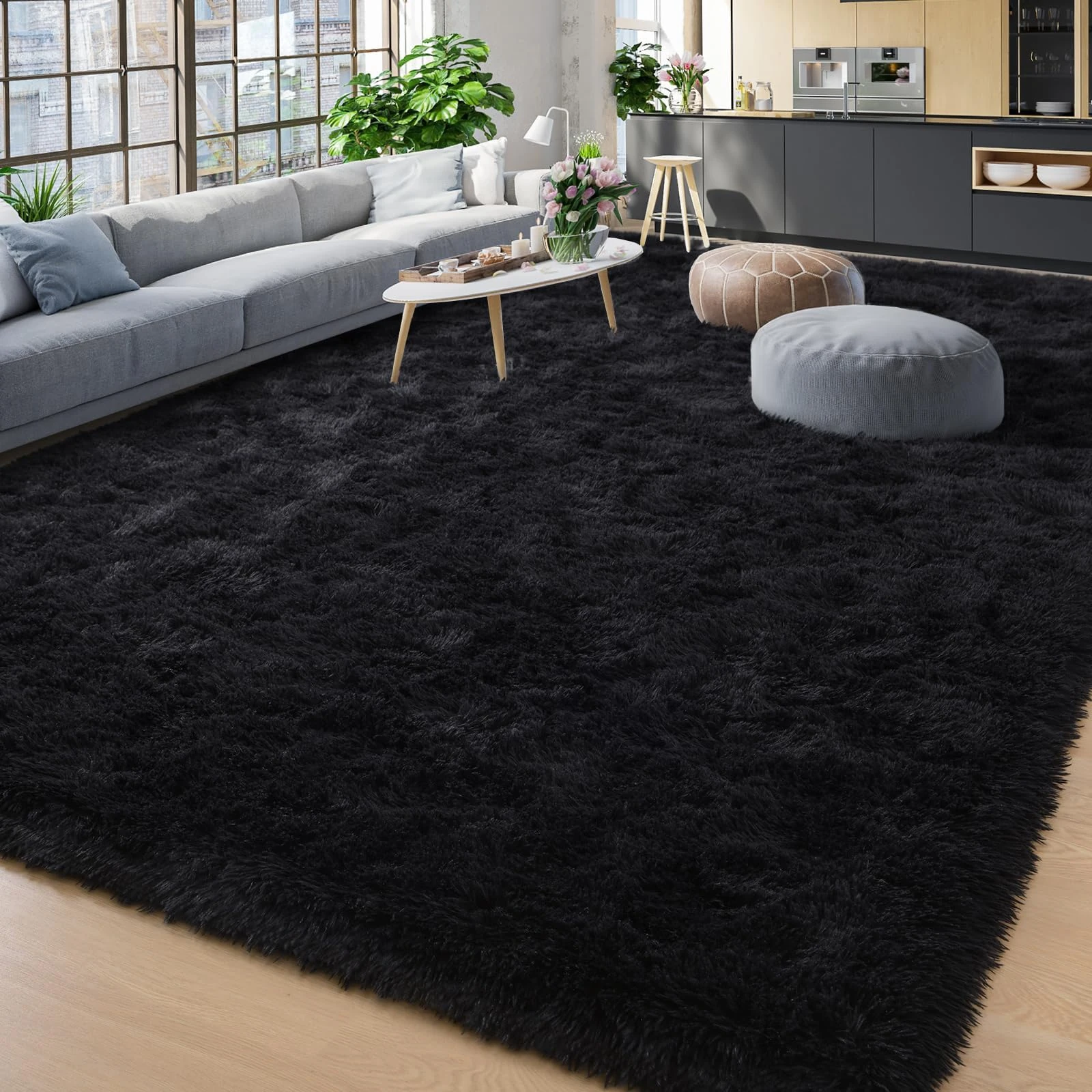 YJ.GWL Area Rugs for Living Room Bedroom, 9x12 Machine Washable Large Black Carpet, Soft Fluffy Shaggy Thick Big Shag Indoor Floor Rug for Kids Boy and Girls Room Dorm Home Decor Aesthetic