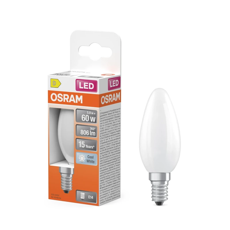 Osram LED Star Classic LED-lamp in klassischer Minikerzenform, White, kaltweißes Licht (4000 K) mit 5.5W / 806 lm, aus gefrostetem bleifreiem Glas, E14 Sockel, IP20, EEK D, 35 mm DM, 6-Pack