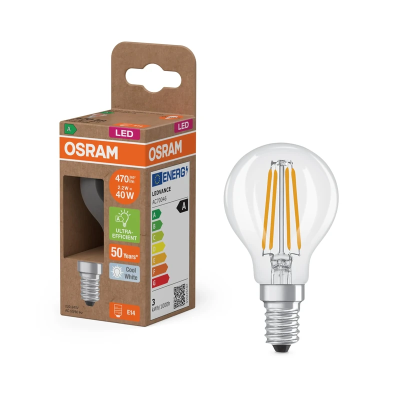 Osram Energy Class Mini Buclassic, 2.2 W/470 lm, EEK A, Cool White Light (4000 K), CRI 80, Clear Lead-Free Glass, E14 Base, IP20, 45 mm DM, 6 Packs