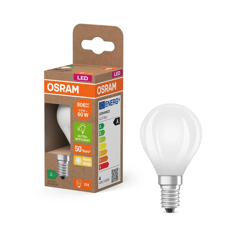 Osram Energy Class Classic Mini Ball LED Lamp, 3.8 W, 806 Lumens, Energy Class A, Warm White (2700 K) CRI 80, Frosted Lead-Free Glass, E14 Cap, IP20, 45 mm DM, Pack of 6