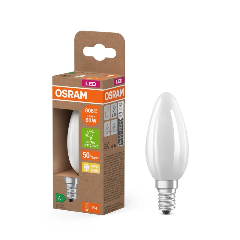 Osram Energy Class Mini Classic Candle 3.8 W / 806 Lumen EEK A Warm White Light (2700 K) CRI 80 Lead-Free Frosted Glass E14 IP20 35 mm DM Pack of 6