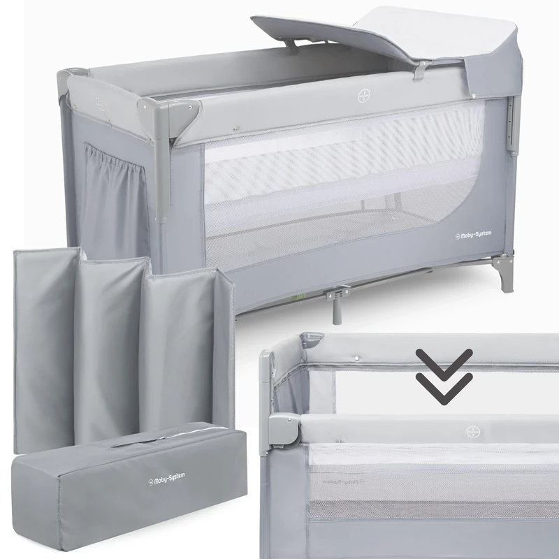 Moby-System Baby Travel Cot with Mattress Height Levels – 3in1 Extra Bed and Playpen - Adjustable Side Wall - Quick Folding System with Carry Bag - Certified Safety