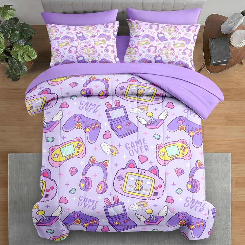 Pamnest Comforter Set Full Size, Kawaii Gamepad Purple 7 Pcs Bedding Set for Kids and Adults, Cute Pink Cat Bed Sheet Sets with Fitted Sheet 2 Pillowcases & 2 Shams for Bedroom Bed Decor