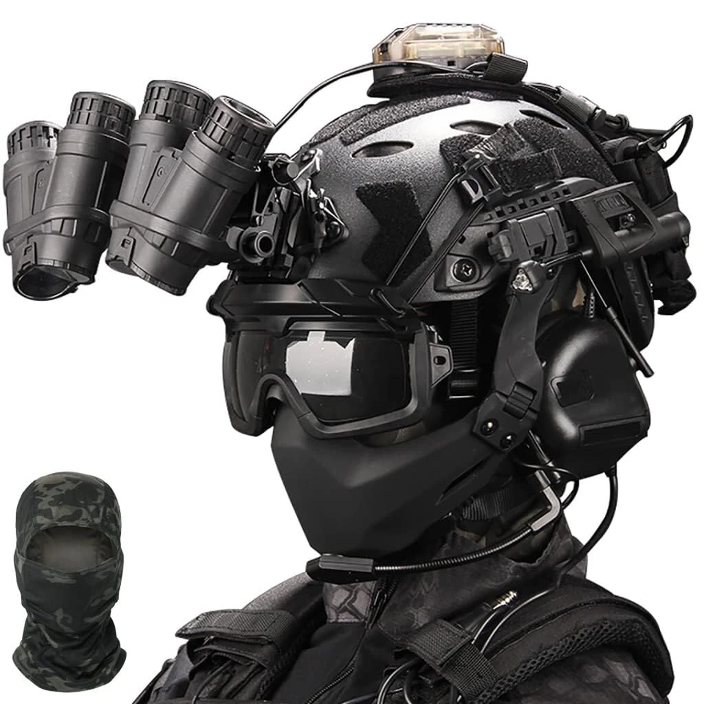 Fast Airsoft Helmet Set Outdoor Paintball Hunting Gear Airsoft Helmet And Mask With Pickup Noise Canceling Headset Goggles Battery Pocket And NVG Model(G Min)