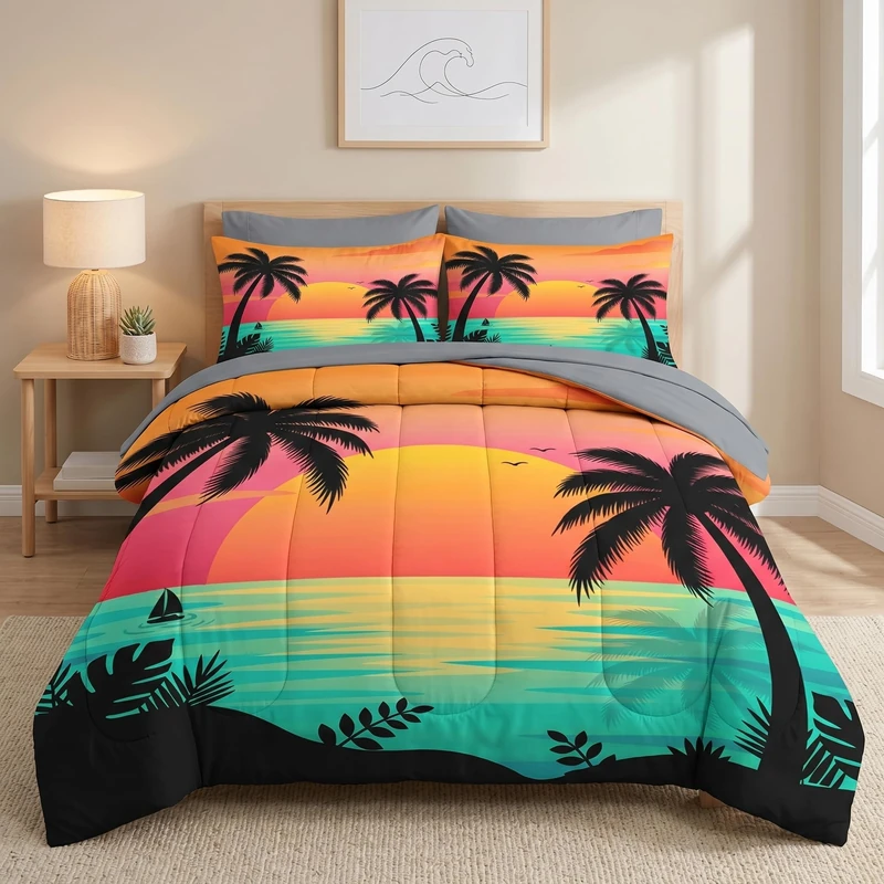 Pamnest King Comforter Set with Sheets, 7 Pieces Beach Sunset Bedding