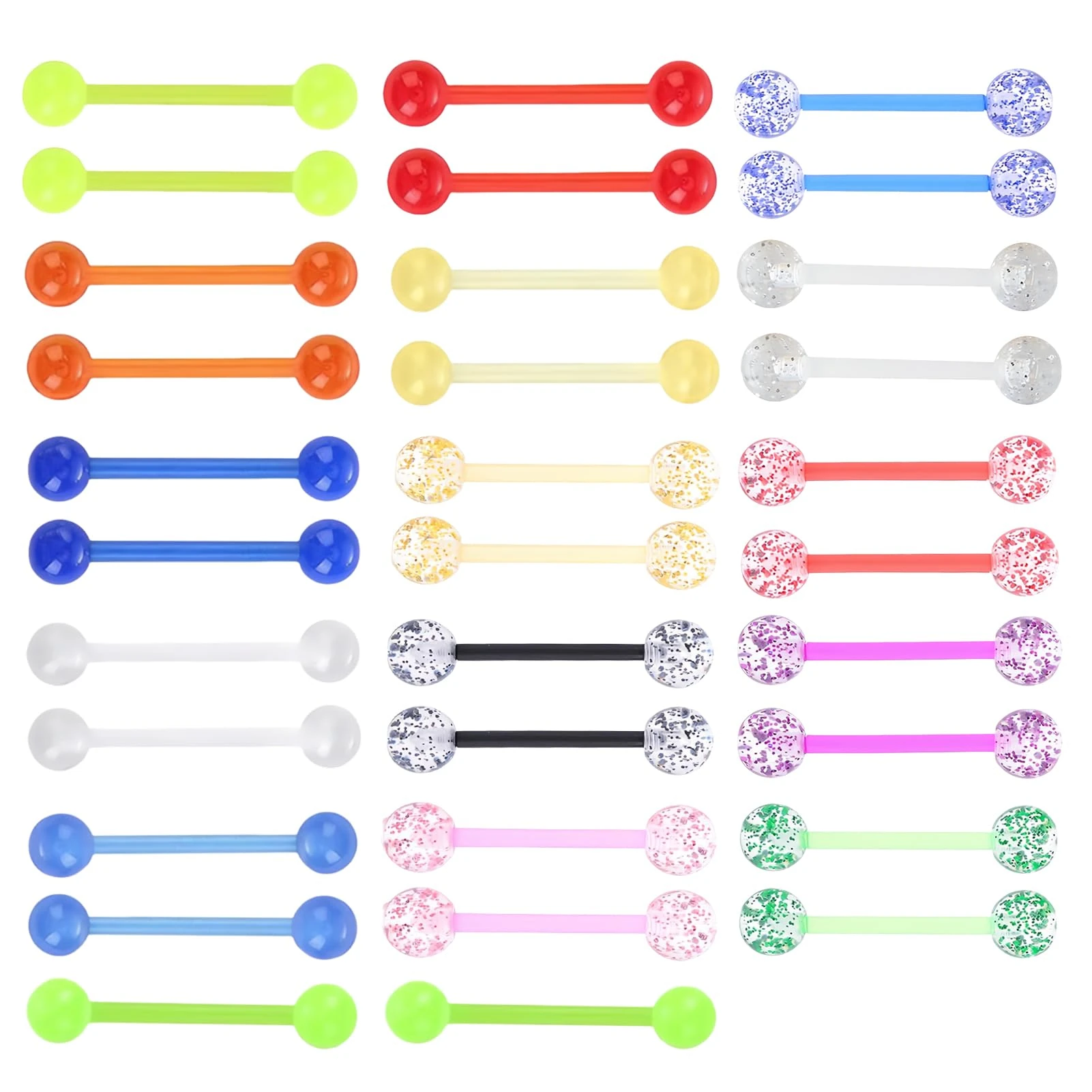 32PCS Plastic Tongue Bars Set 14G Acrylic Glow-In-Dark Glitter Nipple Rings Clear Piercing Valentine Jewelry Graduation Gift 16mm Flexible Straight Barbell Body Piercings for Women Men Vacation