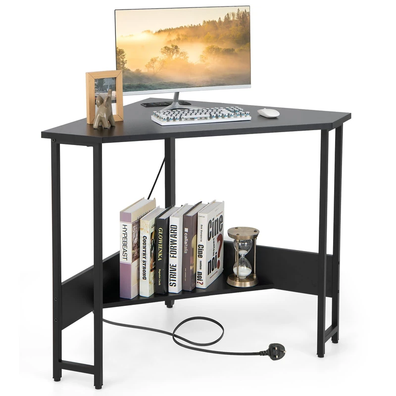 CASART Corner Computer Desk, Triangular Writing Desk with Power Outlet & Metal Frame, Space Saving PC Laptop Table Workstation for Home Office Bedroom Living Room (Black, Without Keyboard Tray) - Image 1