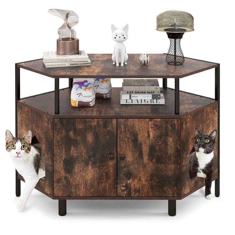 GYMAX Corner Cat Litter Box Enclosure, Wooden Pet Cabinet Furniture with Open Shelf, 2 Entrances, Hidden Cat Washroom, Double-Door Cat House for Indoor Cats, as Storage Cabinet (Rustic Brown)
