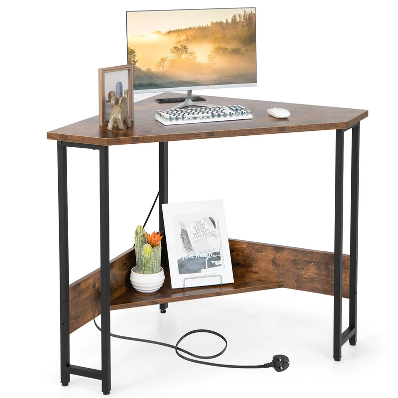 CASART Corner Computer Desk, Triangular Writing Desk with Power Outlet & Metal Frame, Space Saving PC Laptop Table Workstation for Home Office Bedroom Living Room (Brown, Without Keyboard Tray)