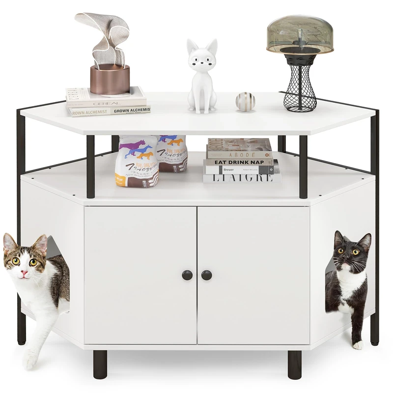 GYMAX Corner Cat Litter Box Enclosure, Wooden Pet Cabinet Furniture with Open Shelf, 2 Entrances, Hidden Cat Washroom, Double-Door Cat House for Indoor Cats, as Storage Cabinet (White)