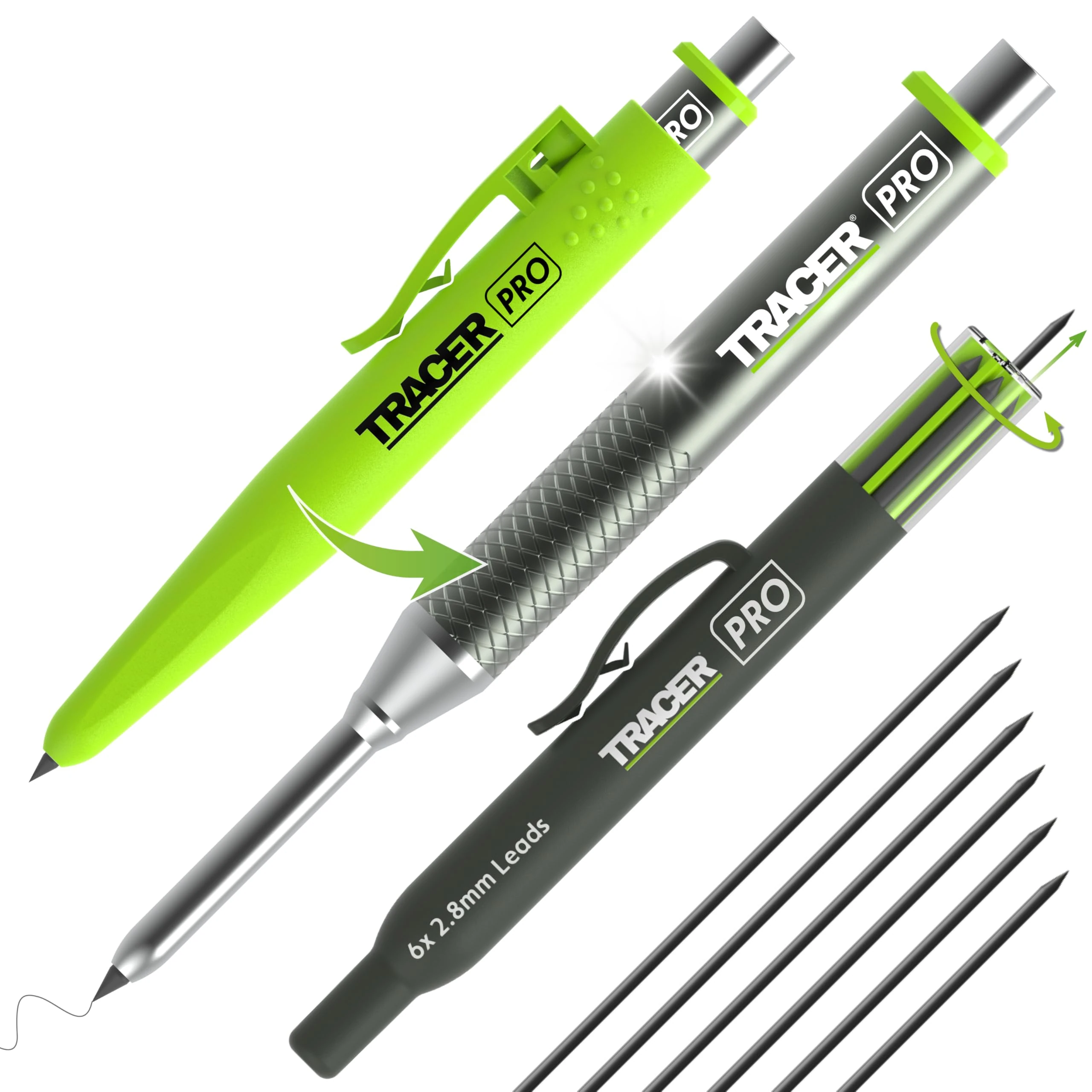 Tracer Pro Series Aluminium Deep Hole Construction Pencil with 6 x Replacement Lead Pack and accompanying Site Holsters. All-in-one Construction Marking Kit