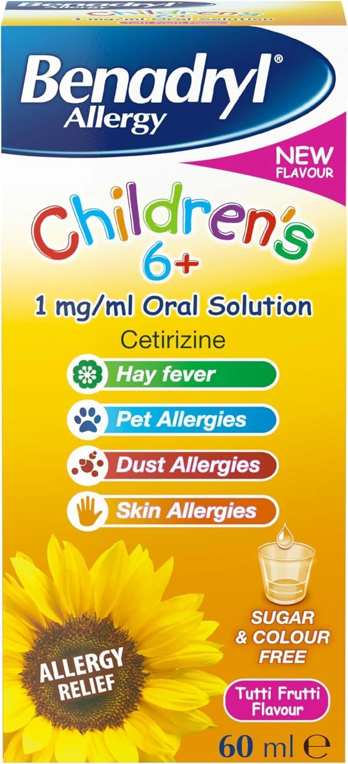 Benadryl Allergy Relief for Children 6+ Years (1 x 60ml), Tutti Frutti Flavour Syrup, Sugar & Colour Free with Cetirizine, Long-Lasting All-Day Relief